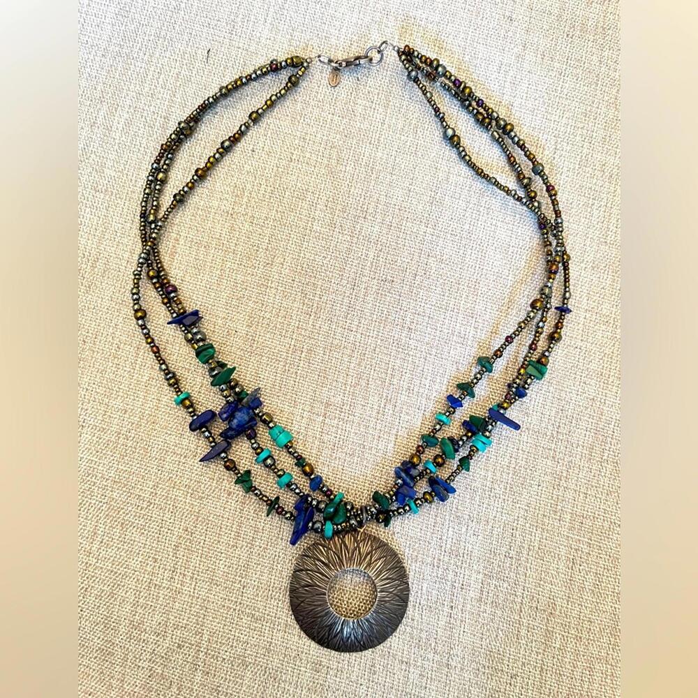 Multicolor Blues Beaded Necklace with metal pendant